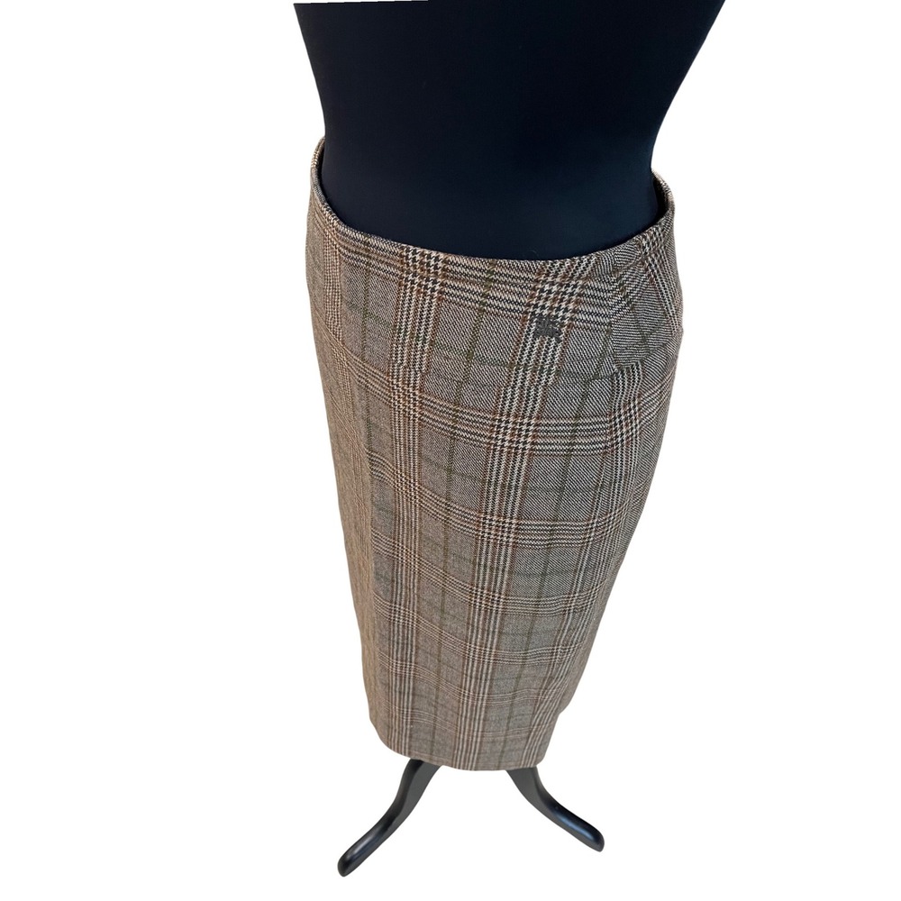 Burberry London Brown Plaid Wool Pencil Skirt Embroidered Knight Logo Size 36 - Picture 3 of 6